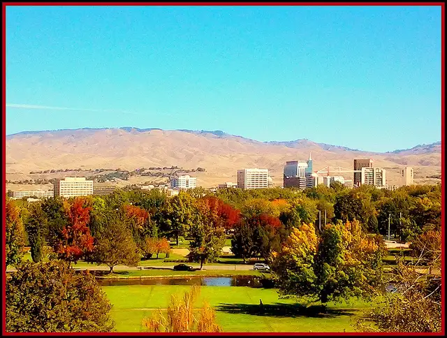 Downtown Boise in fall with the foothills behind